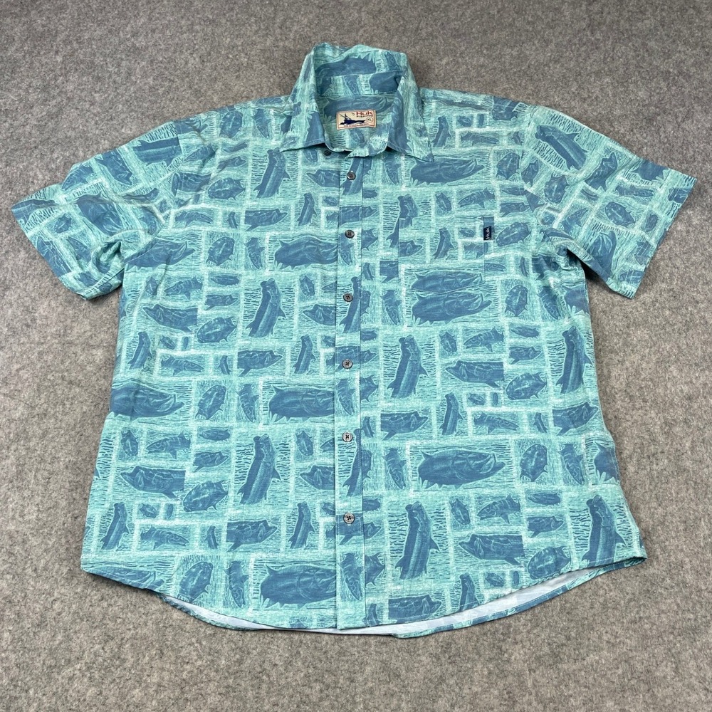 Huk Fishing Shirt Mens XL Teal Blue Fish Print Short Sleeve Stretch Button Down